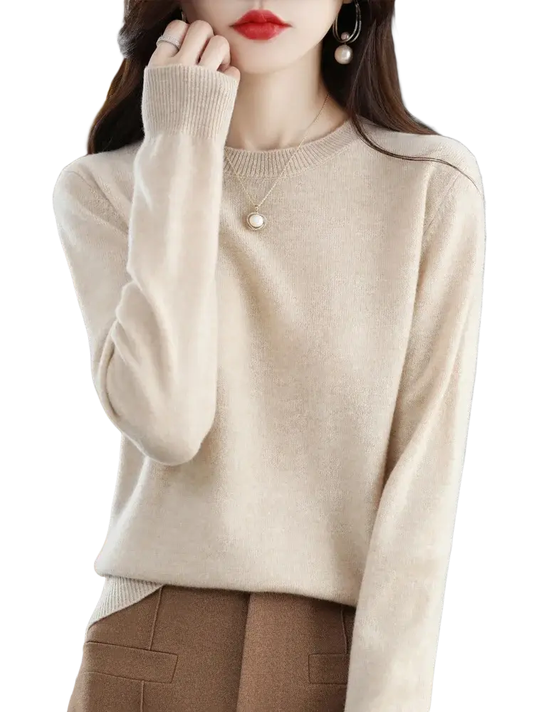 Beige merino wool women casual pullover sweater with long sleeves, round neckline, and ribbed cuffs