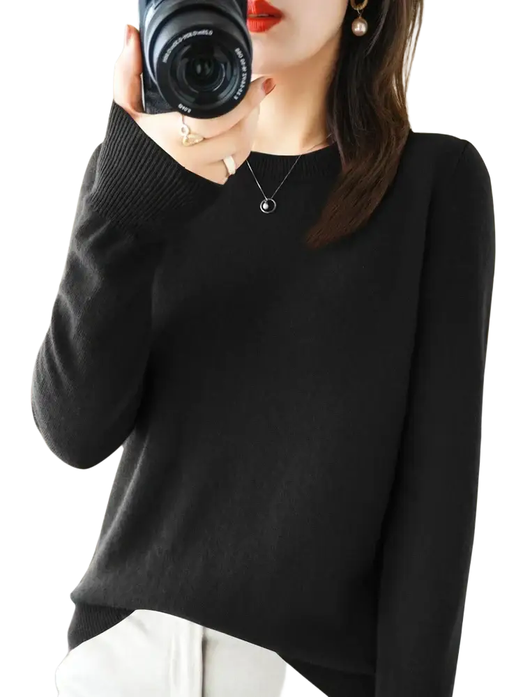Black long-sleeved merino wool women casual pullover sweater with ribbed cuffs and neckline