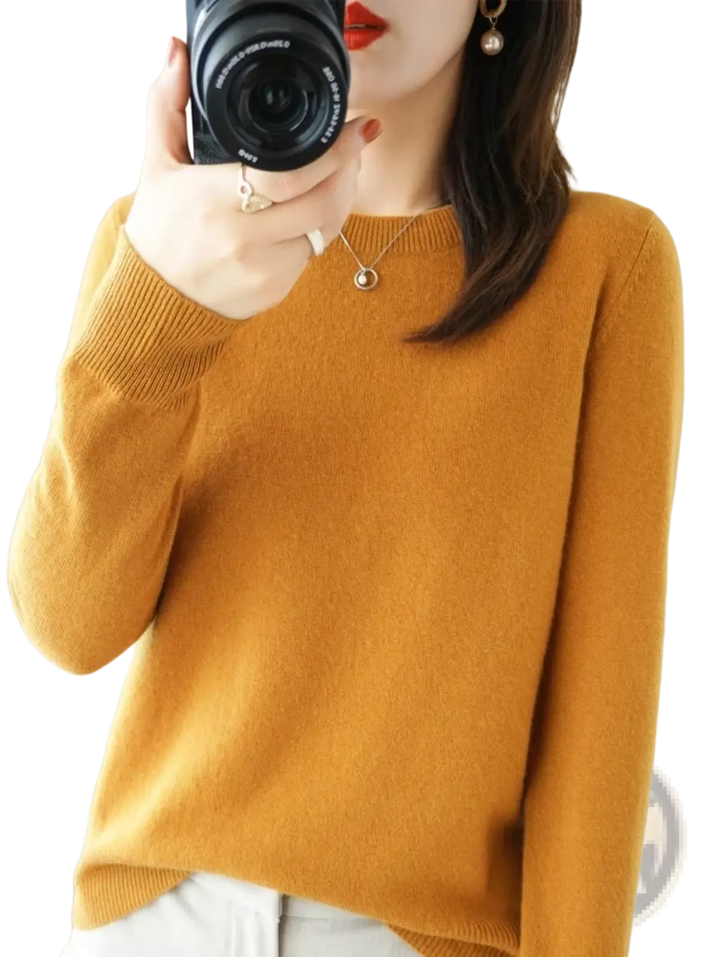 A cozy mustard-yellow merino wool women casual pullover sweater with ribbed neckline and cuffs