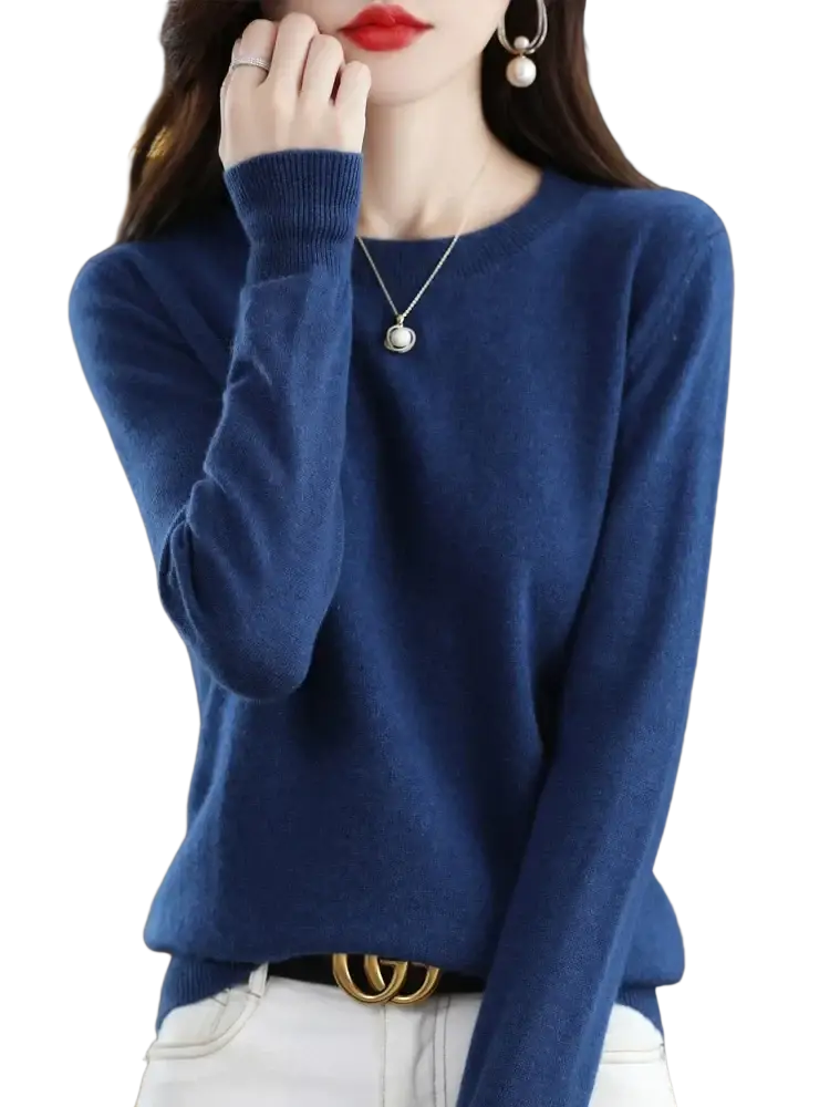 A deep blue merino wool women casual pullover sweater with long sleeves, soft texture, and ribbed cuffs
