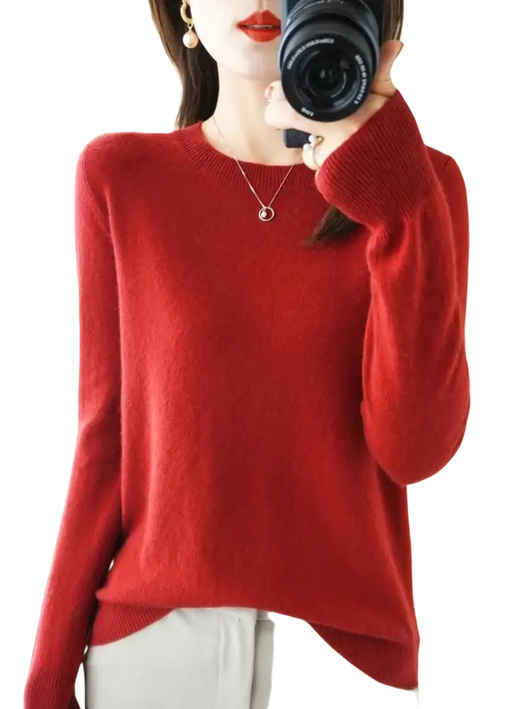A rich red merino wool long-sleeved women casual pullover sweater with a soft cozy texture and round neckline