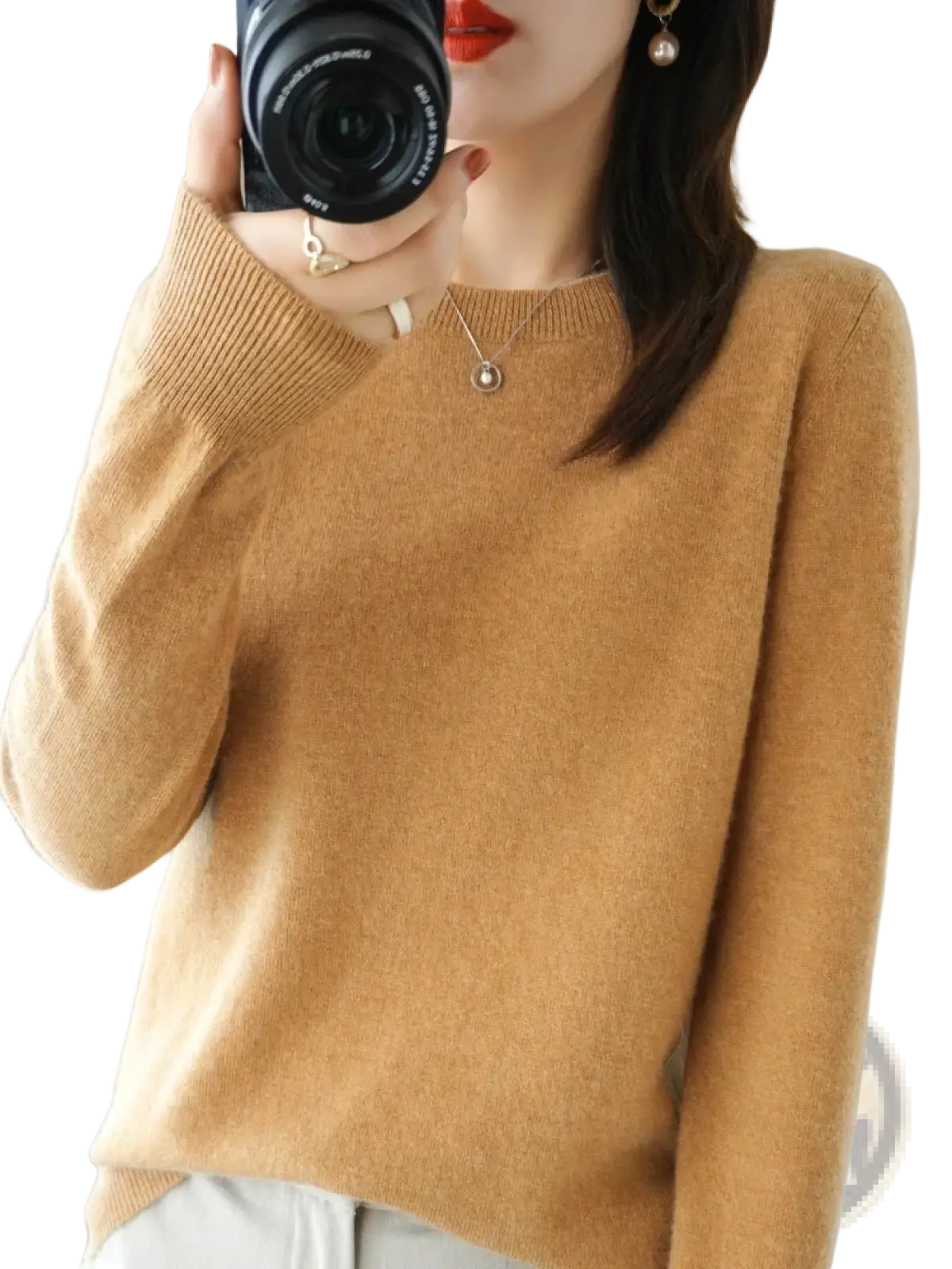 Merino wool women casual pullover sweater in camel color featuring a soft cashmere fabric with ribbed neckline and cuffs