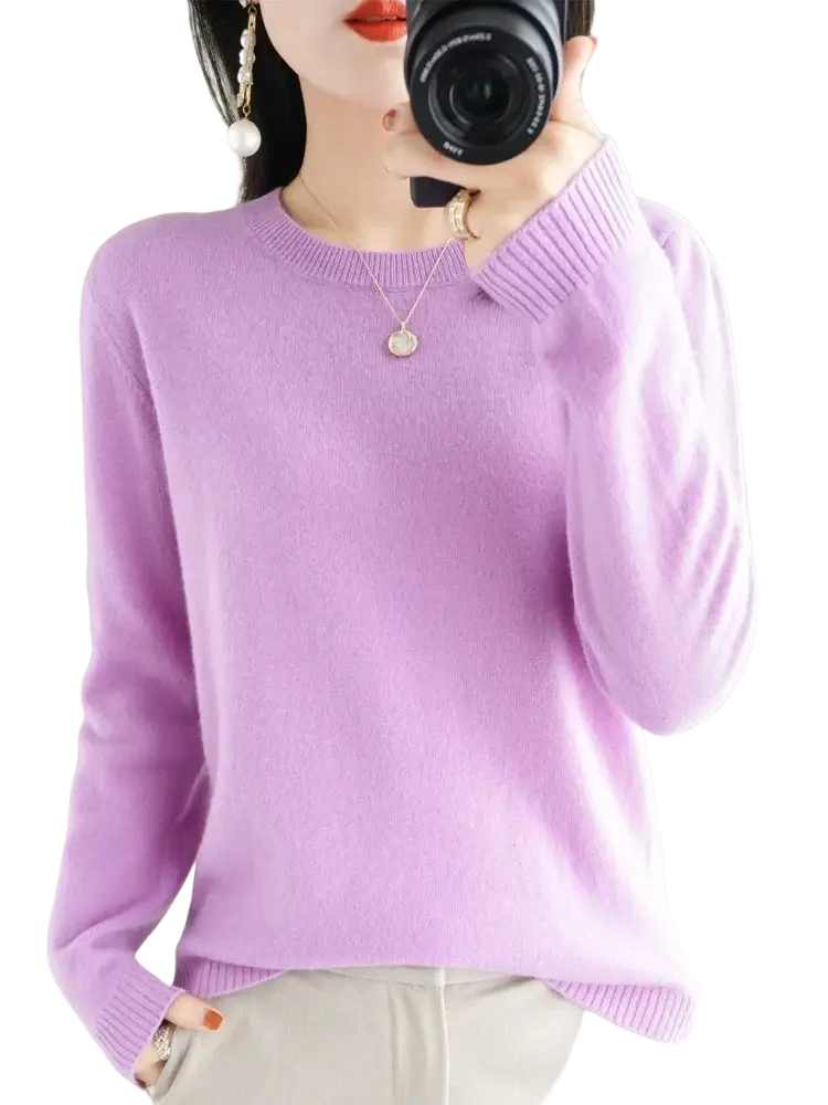 A soft lavender merino wool women casual pullover sweater with ribbed cuffs and hem