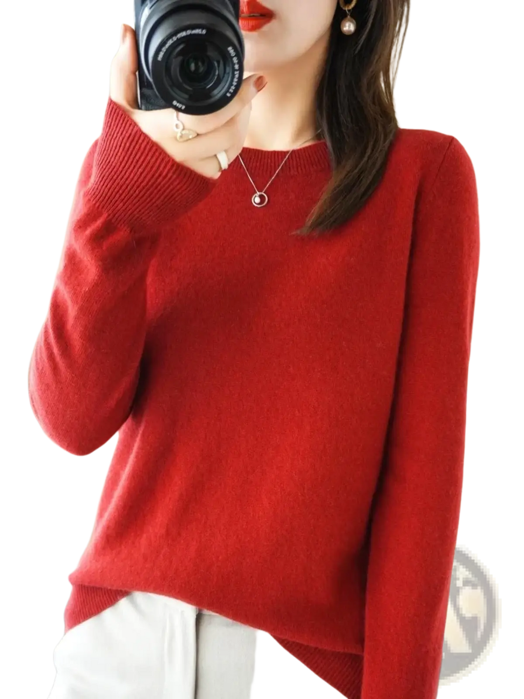 A vibrant red merino wool women casual pullover sweater with long sleeves, soft texture, and ribbed cuffs