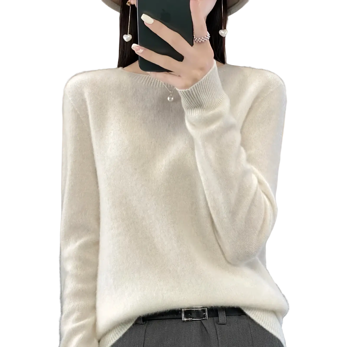 Cream-colored merino wool women sweater with soft-knit fabric and ribbed neckline and cuffs o neck pullover top