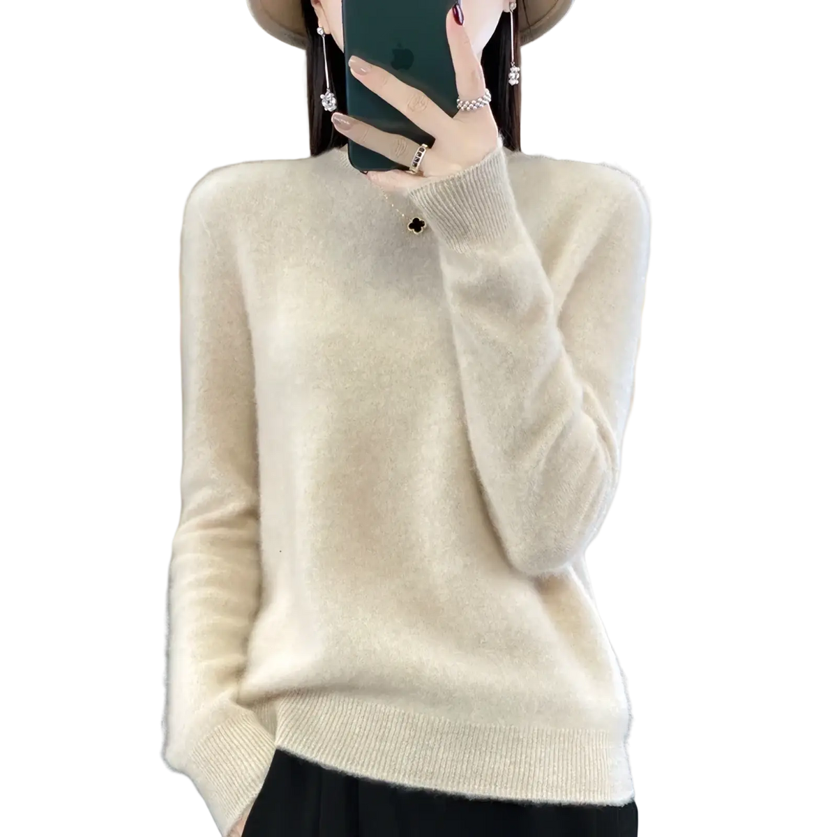 Cream-colored soft-knit cashmere merino wool women sweater with classic crew neck and ribbed cuffs