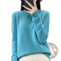 A soft light blue cashmere merino wool women sweater with ribbed turtleneck and long sleeves pullover top