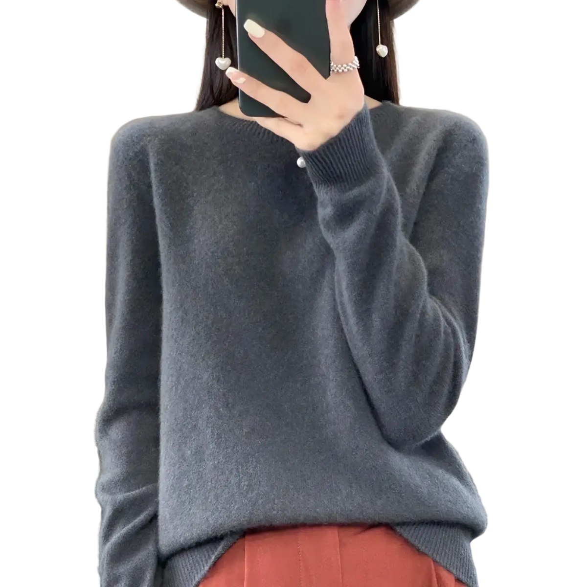 A soft dark gray merino wool women sweater with o neck pullover design and ribbed neckline and cuffs