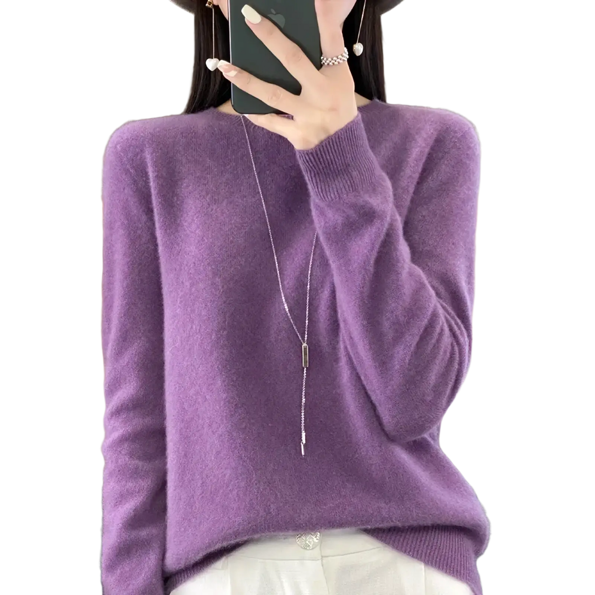 A soft lavender merino wool women sweater with cozy knit texture and ribbed cuffs o neck pullover top