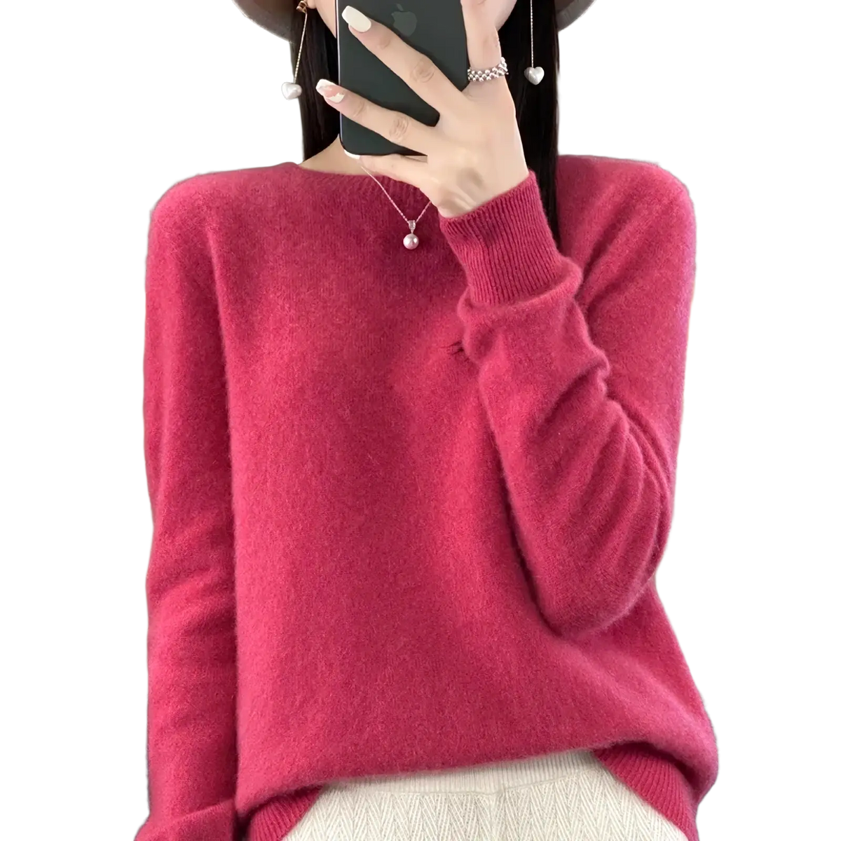 Merino wool women sweater o neck pullover top in soft vibrant pink cashmere with cozy knit texture and ribbed cuffs
