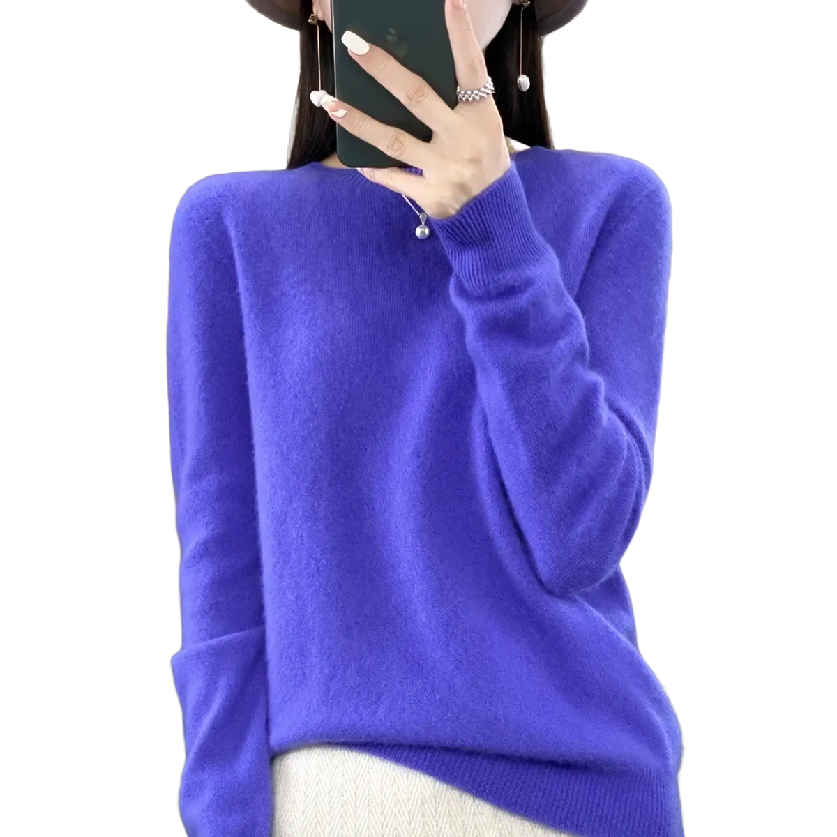 A soft vibrant purple merino wool sweater with cozy knit texture and ribbed cuffs for women o neck pullover top