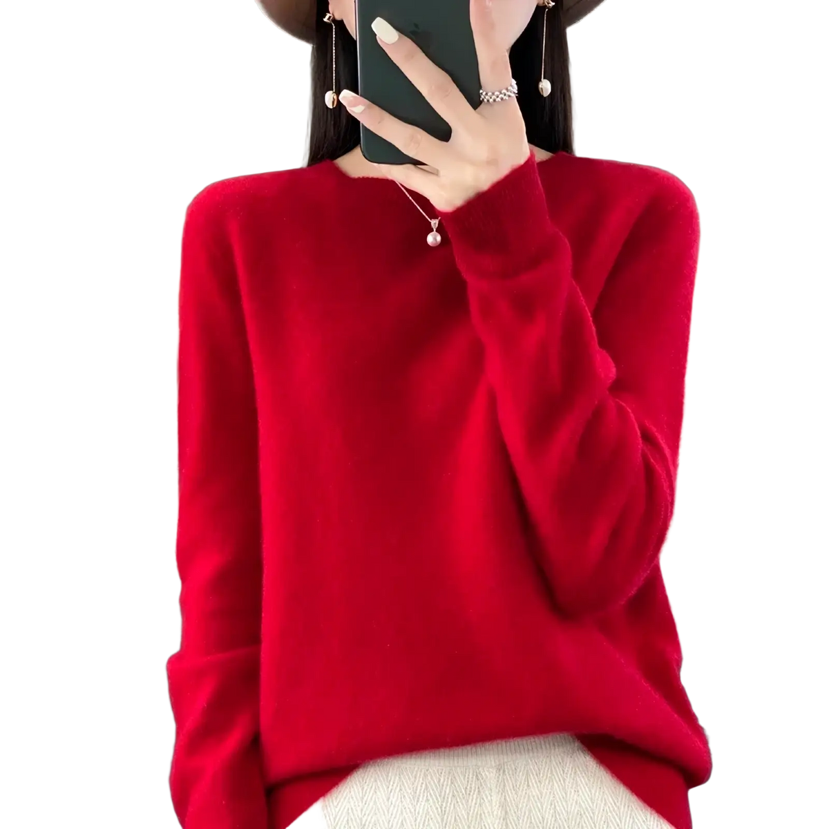Vibrant red merino wool women sweater with soft-knit long sleeves and cozy crew neckline pullover top