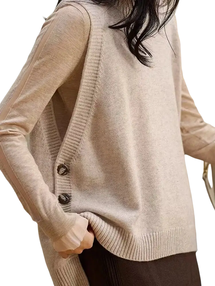 Beige knit sleeveless merino wool sweater vest with ribbed trim and dark brown buttons for women