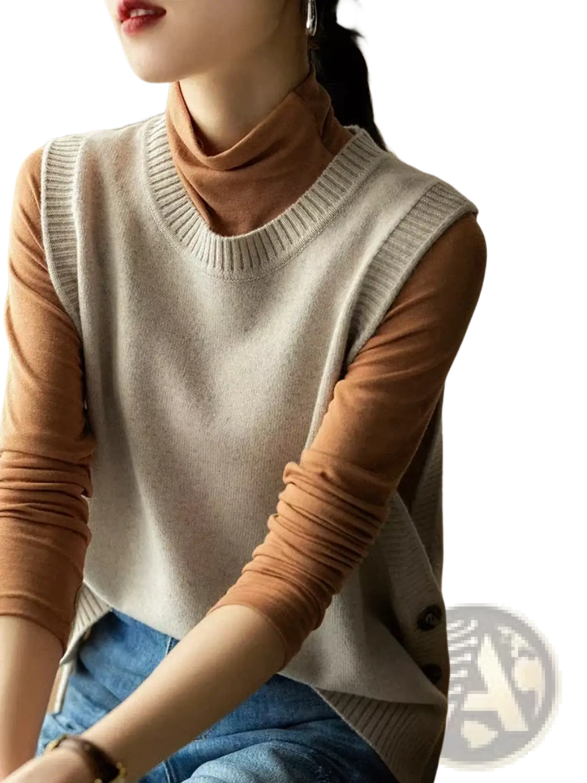 Beige merino wool knitted sleeveless sweater vest worn over rust-colored turtleneck for women