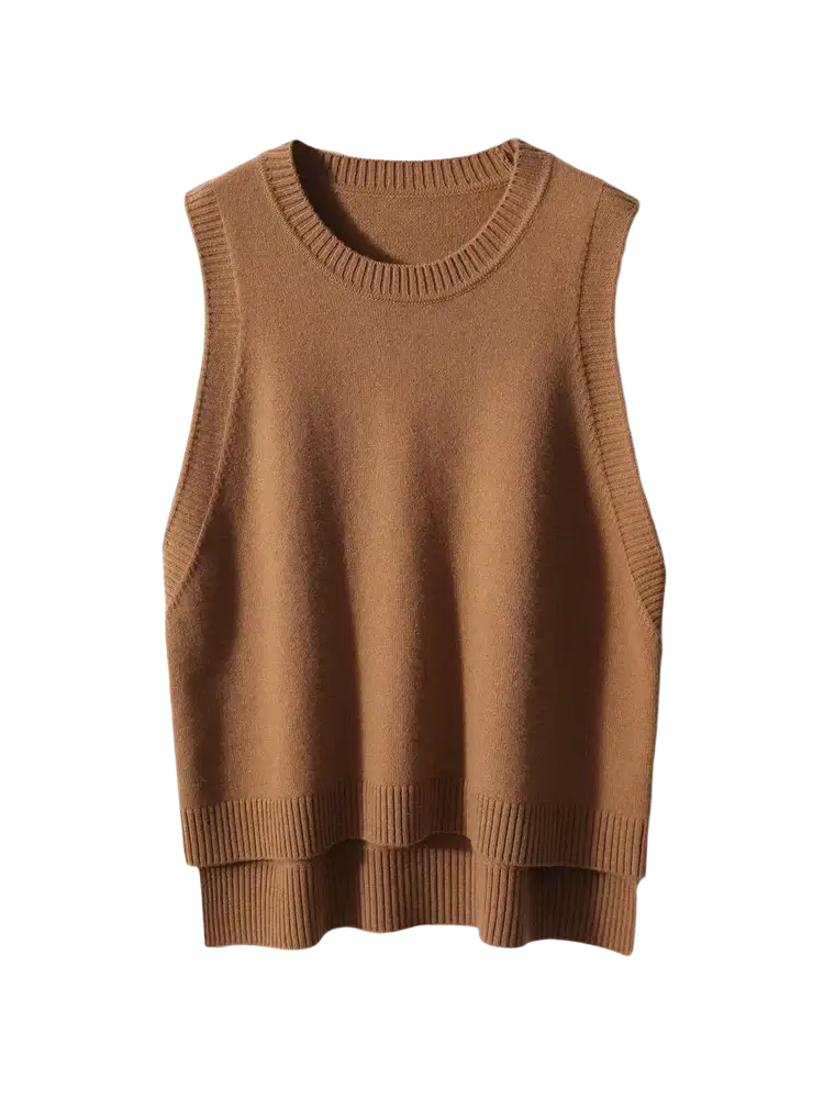 Camel-colored merino wool sleeveless knit vest with ribbed neckline and hem for women