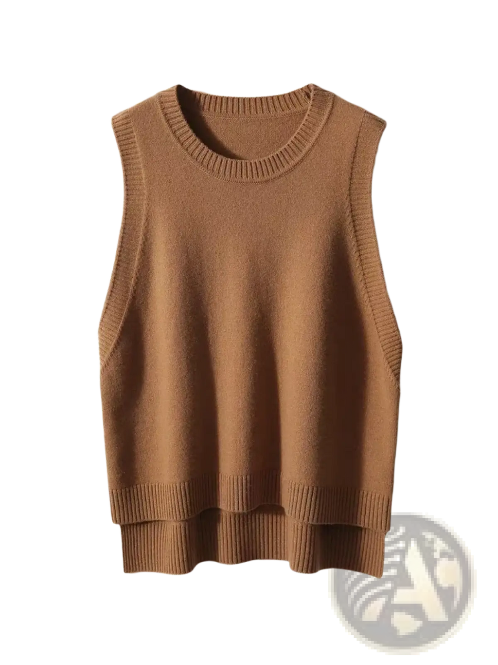 Camel-colored merino wool sleeveless knit vest with ribbed neckline and hem for women