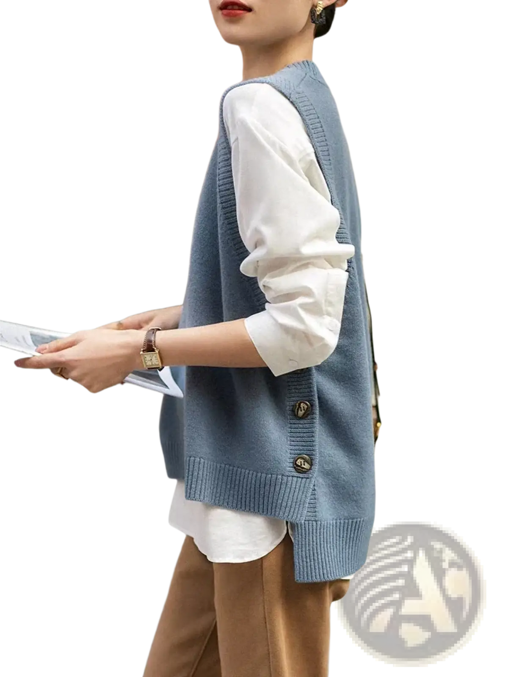 Merino wool women sweater vest in light blue knitted design with gold-toned buttons and ribbed hem