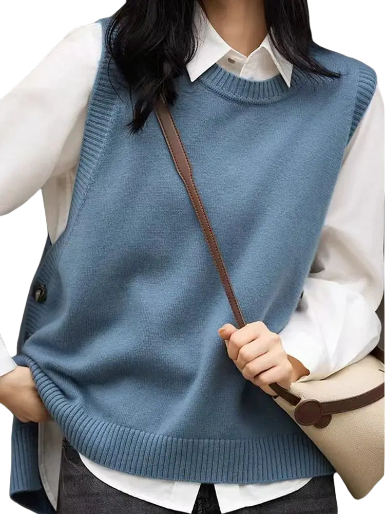 A soft blue merino wool knitted sleeveless women sweater vest with ribbed neckline and hem