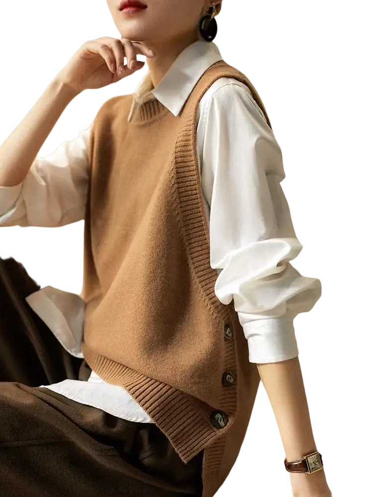 Tan merino wool women sweater vest with knitted sleeveless design ribbed trim and button closure front view
