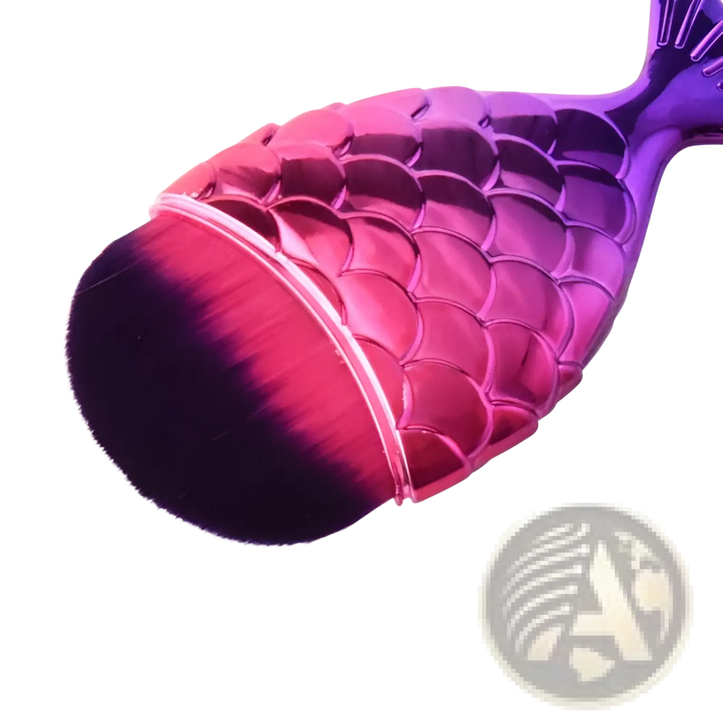 Mermaid fish scale powder blush makeup brush with shimmering mermaid-scale design pink to purple metallic handle and dense dark bristles
