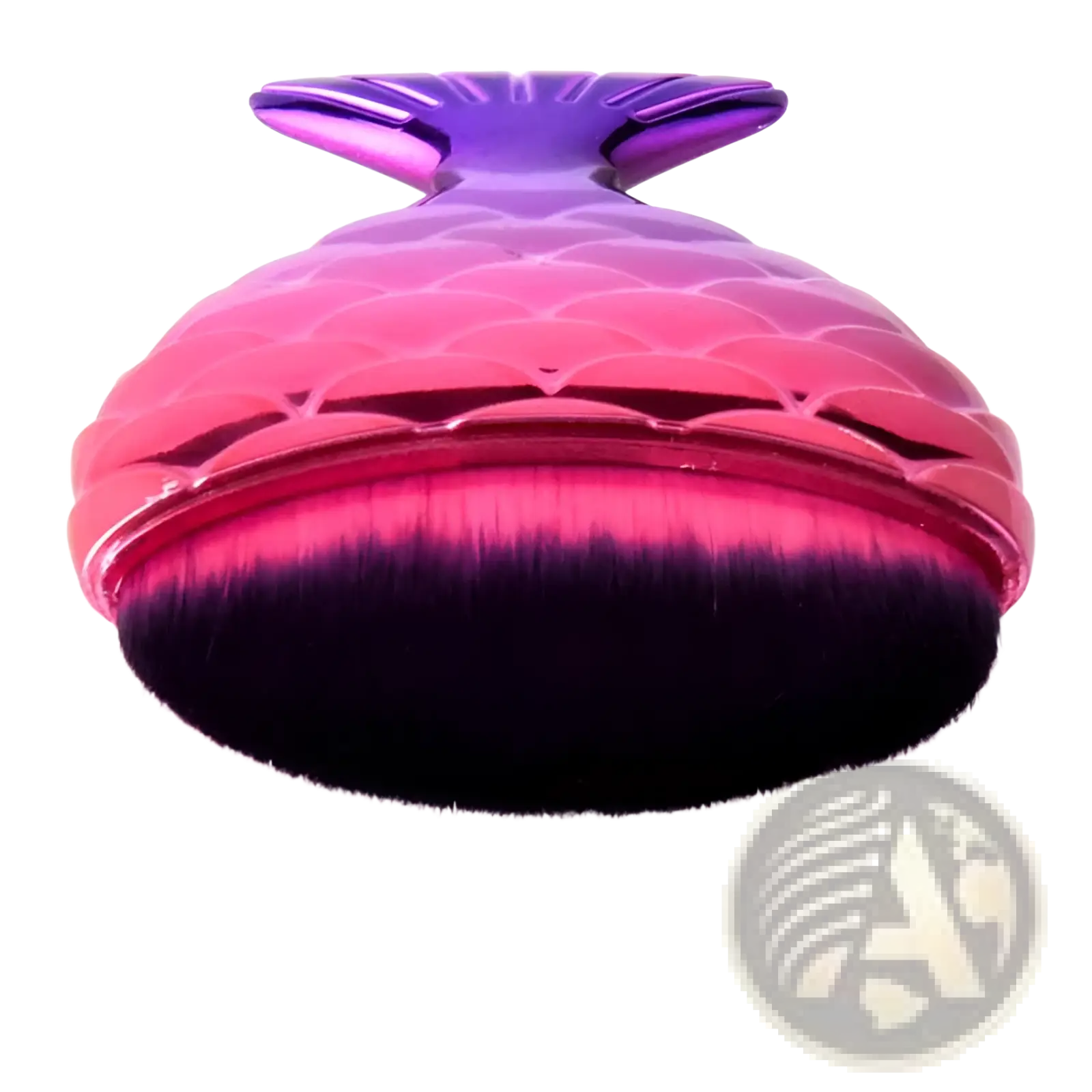 Mermaid fish scale powder blush makeup brush with vibrant gradient pink to purple glossy handle and dense black bristles