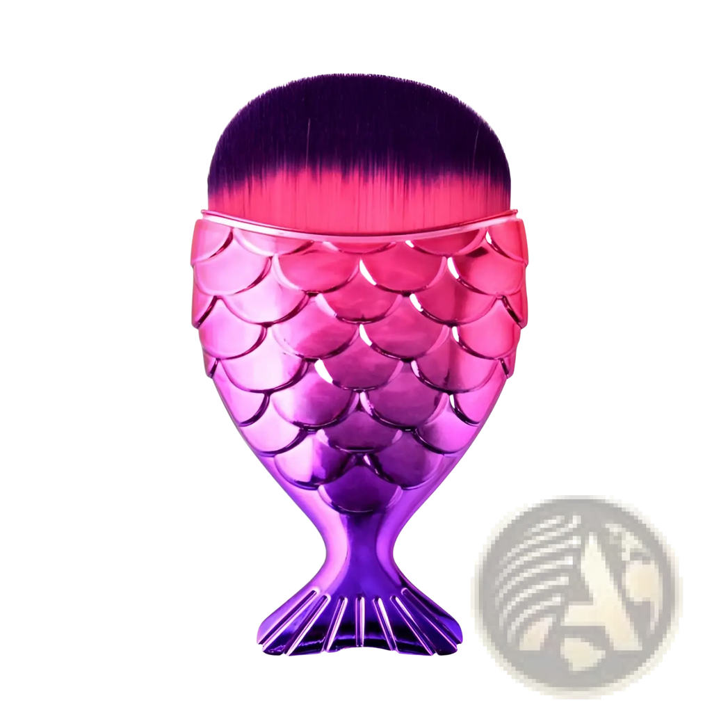 Mermaid fish scale powder blush makeup brush with shimmering pink and purple mermaid tail shape and gradient bristles
