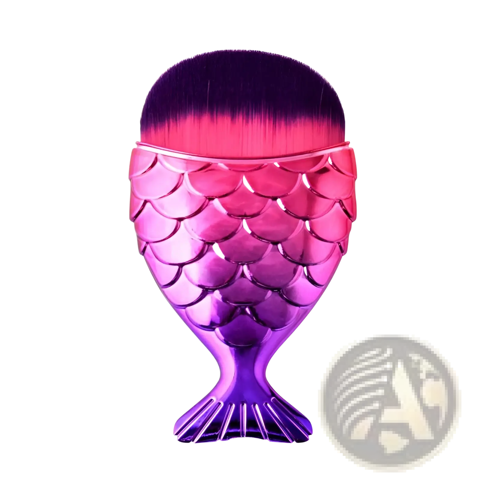 Mermaid fish scale powder blush makeup brush with shimmering pink and purple mermaid tail shape and gradient bristles
