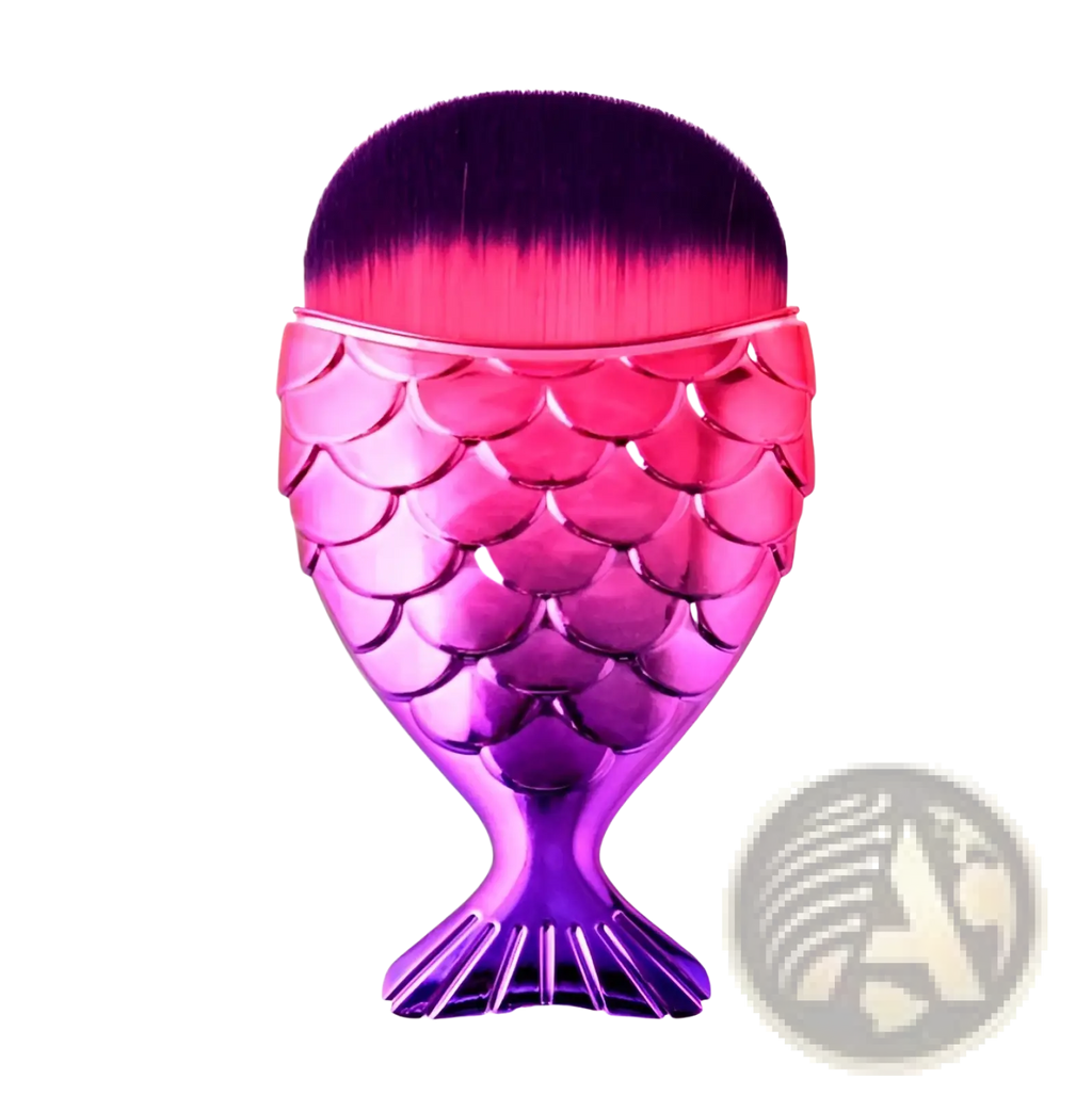 A vibrant pink and purple mermaid fish scale powder blush makeup brush with a gradient bristle head