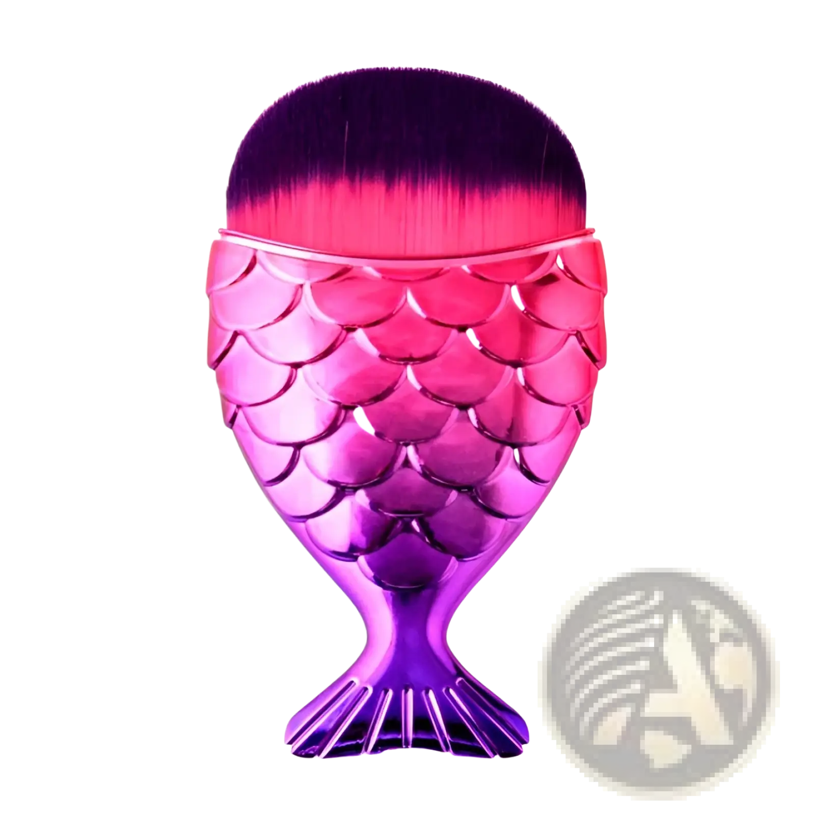 A vibrant pink and purple mermaid fish scale powder blush makeup brush with a gradient bristle head