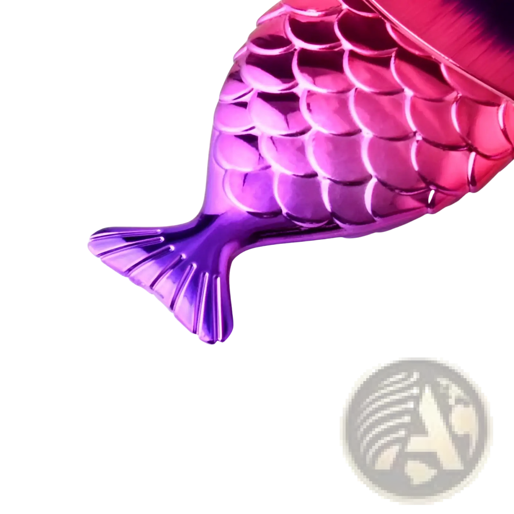 Mermaid fish scale powder blush makeup brush with a shimmering gradient mermaid tail accessory in pink and purple glossy plastic