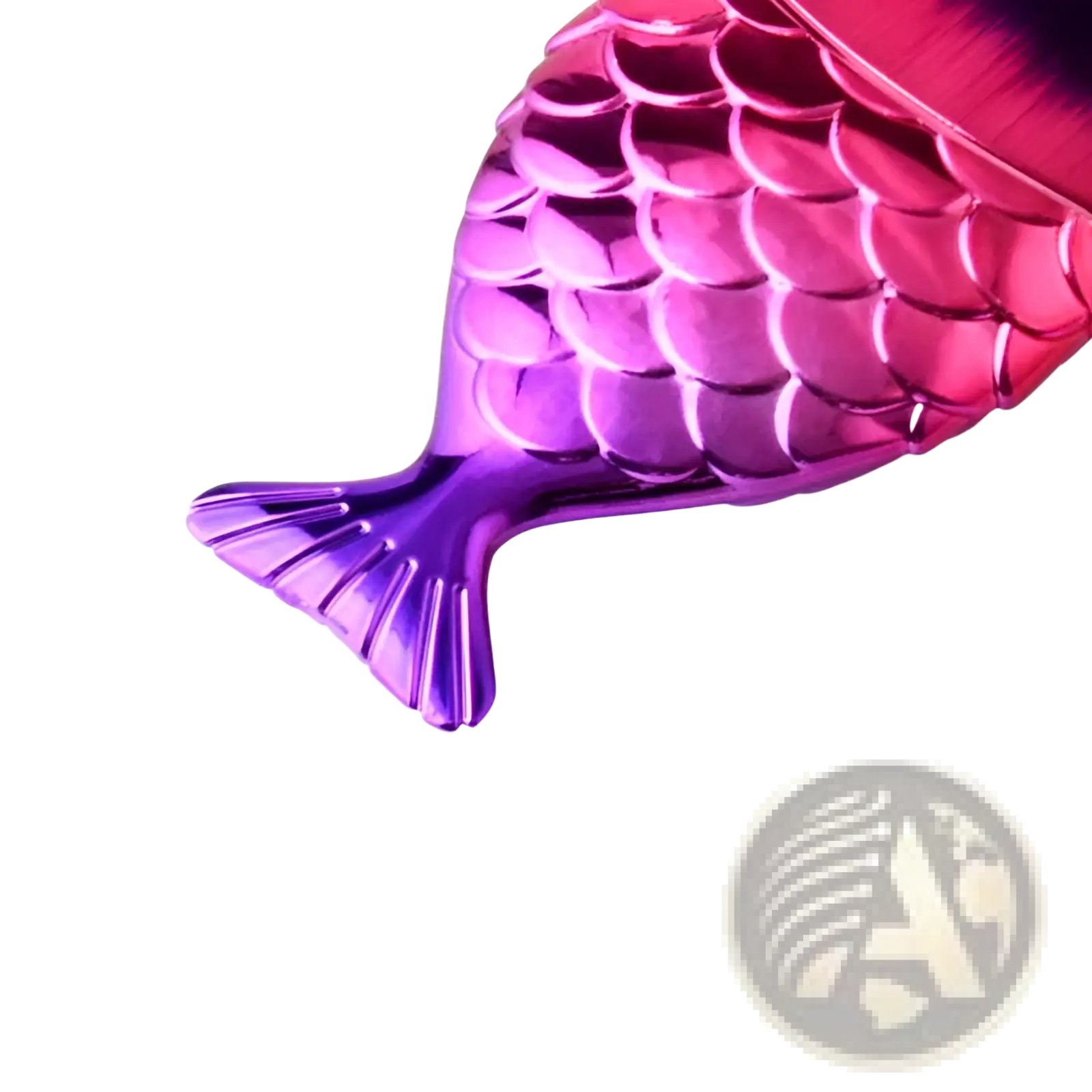 Mermaid fish scale powder blush makeup brush with a shimmering gradient mermaid tail accessory in pink and purple glossy plastic