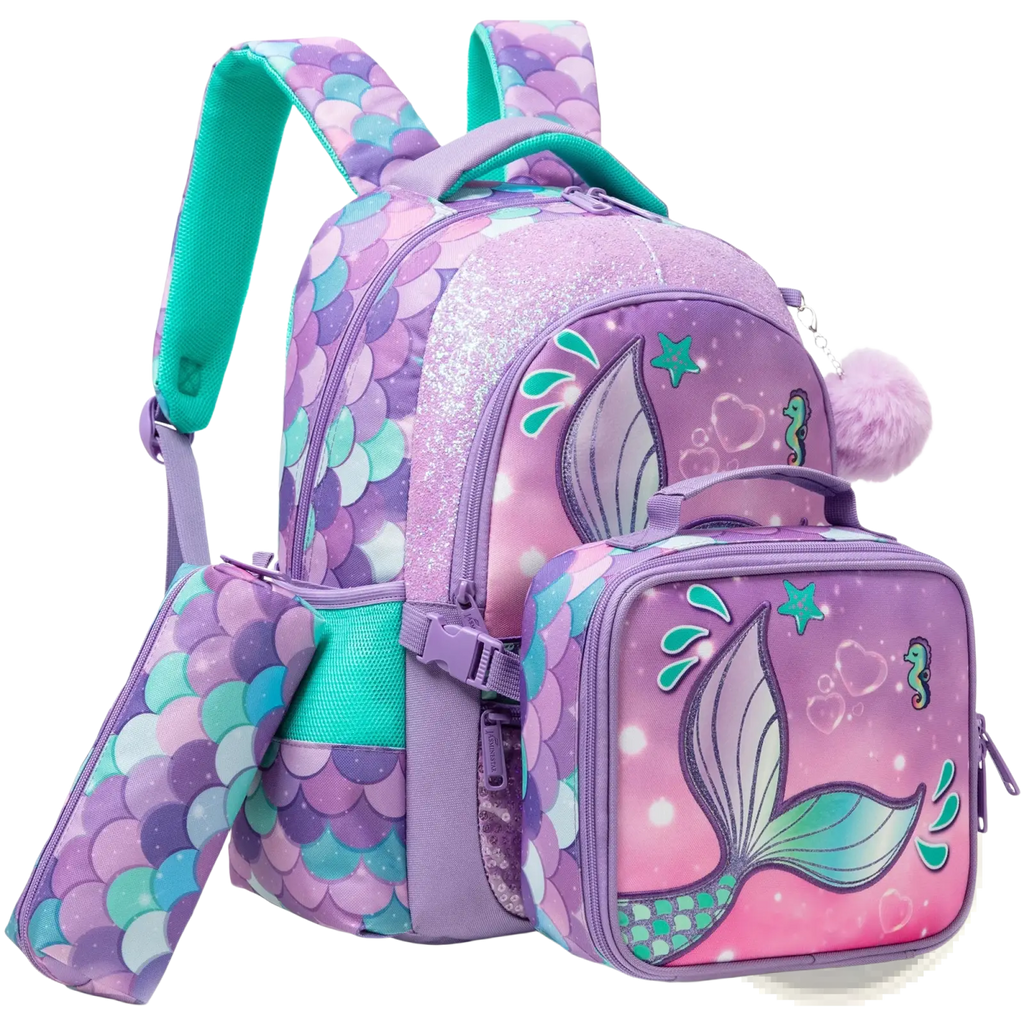Mermaid girls school backpack set with purple and teal mermaid scale pattern glitter accents lunchbox and pencil case