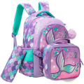 Mermaid girls school backpack set with purple and teal mermaid scale pattern glitter accents lunchbox and pencil case