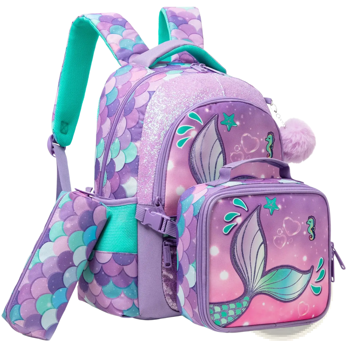 Mermaid girls school backpack set with purple and teal mermaid scale pattern glitter accents lunchbox and pencil case