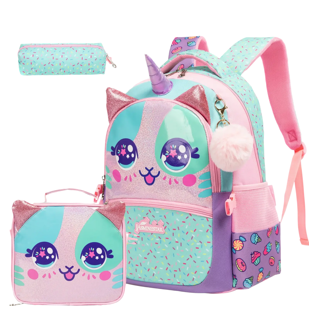 Mermaid girls school backpack set with lunch box featuring a pastel teal and pink unicorn cat backpack with glittery accents and candy sprinkles