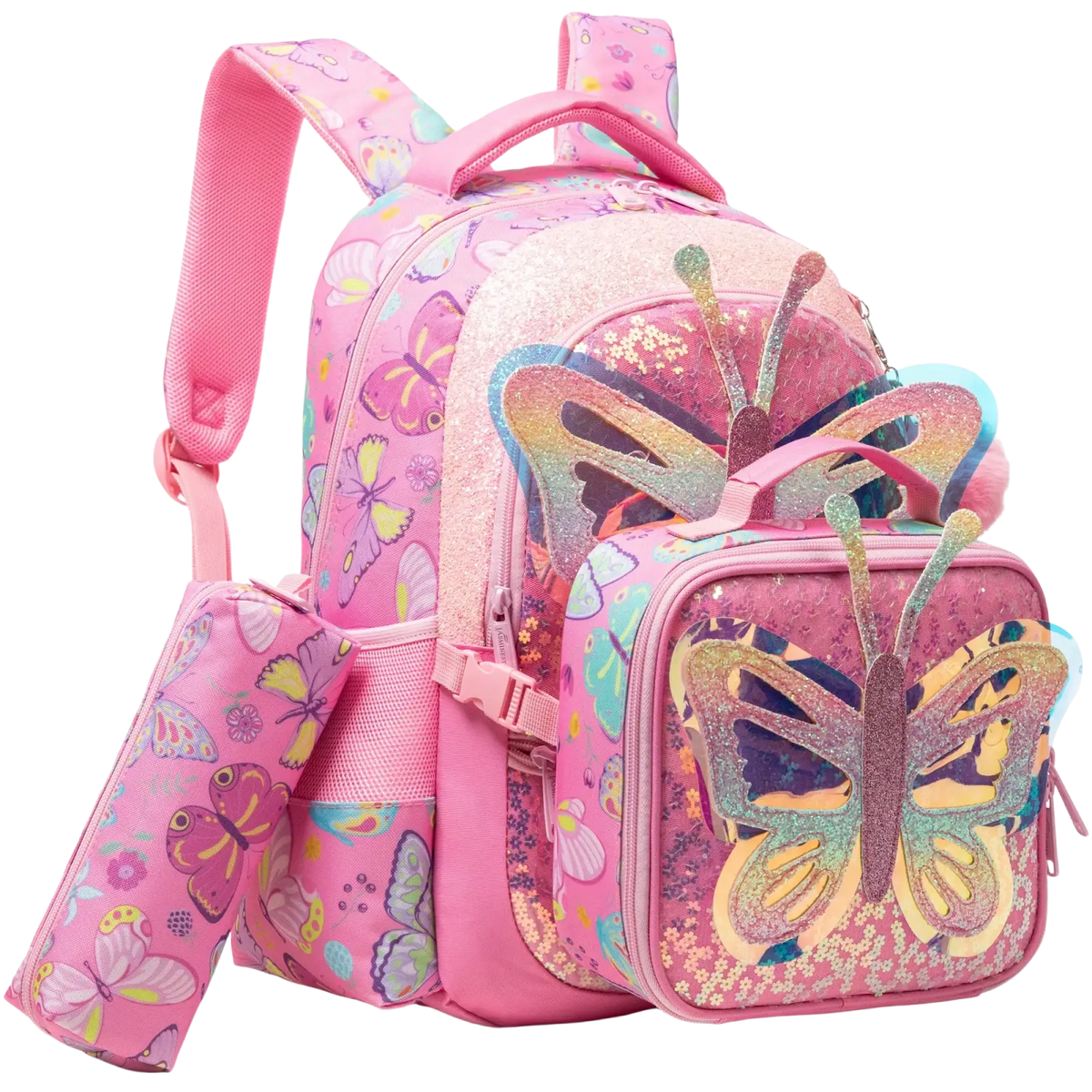 Pink mermaid girls school backpack set with butterfly design glittery accents and matching pencil case for school use