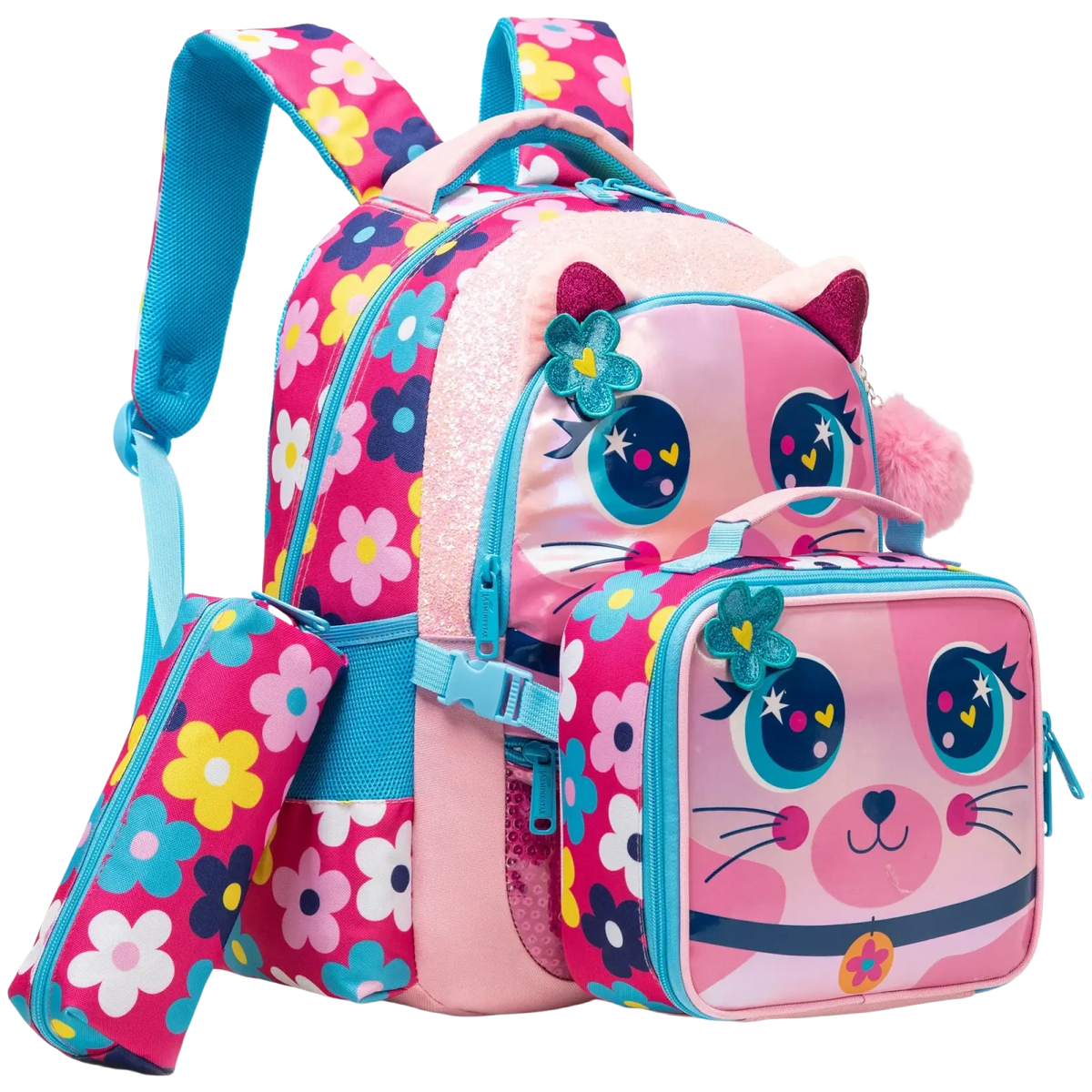 Mermaid girls school backpack set with lunch box featuring pink floral cat design and blue accents for school use