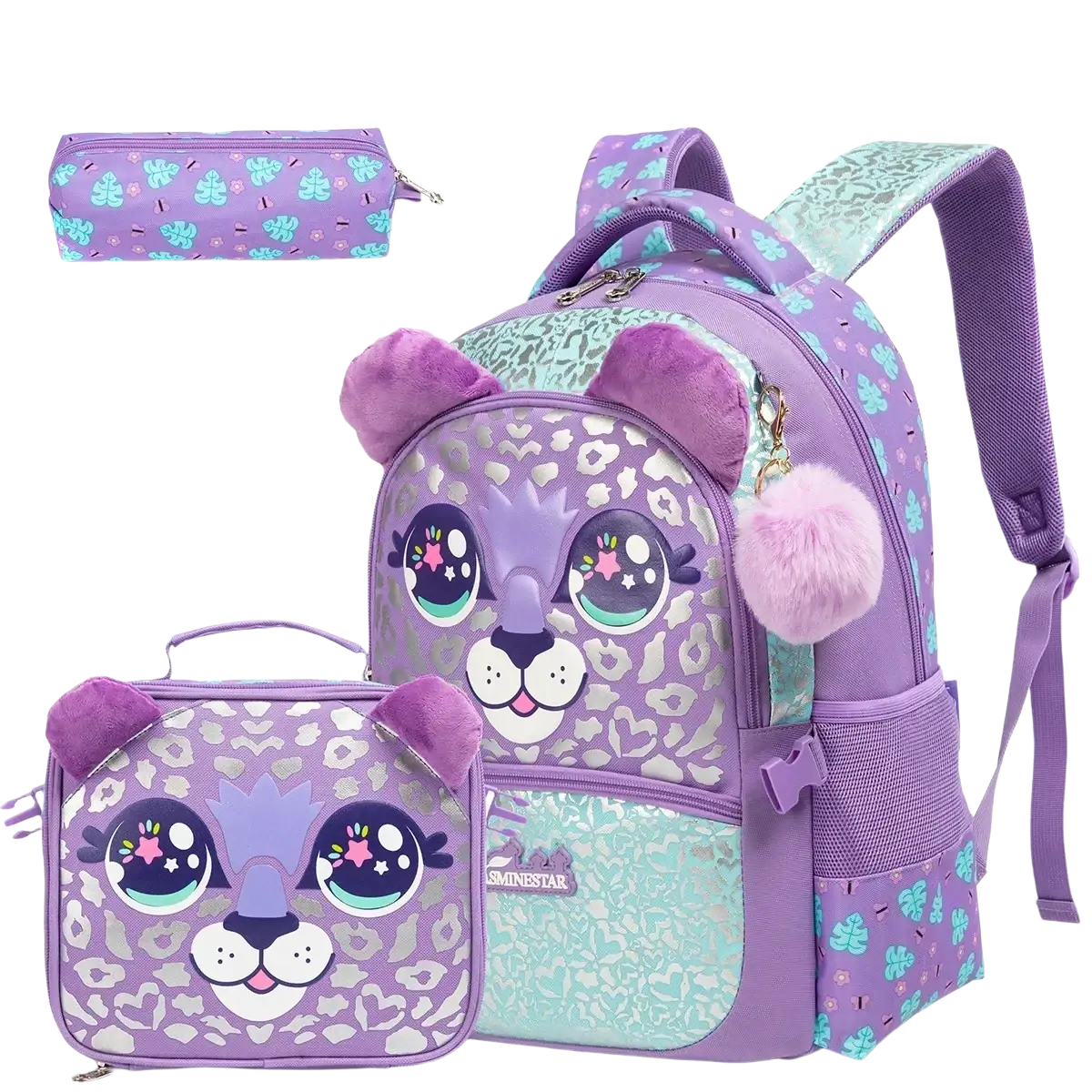 Mermaid girls school backpack set featuring purple leopard print with plush ears mint green accents and pink pom-pom charm