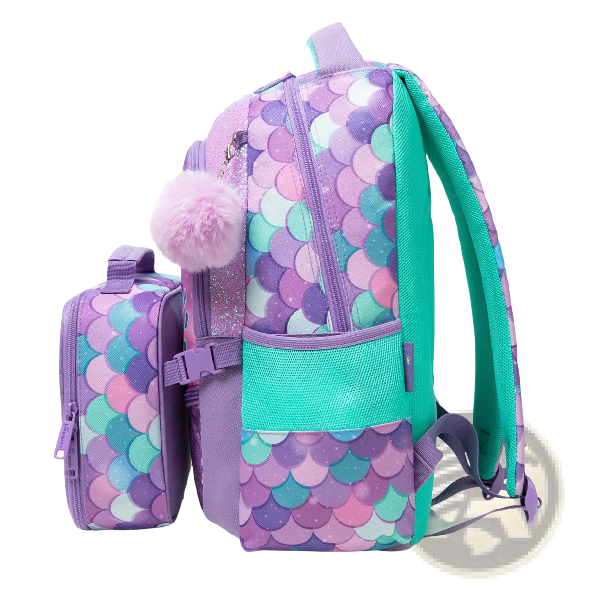 Purple and teal mermaid scale patterned girls school backpack with fluffy pom pom accent and matching lunch box
