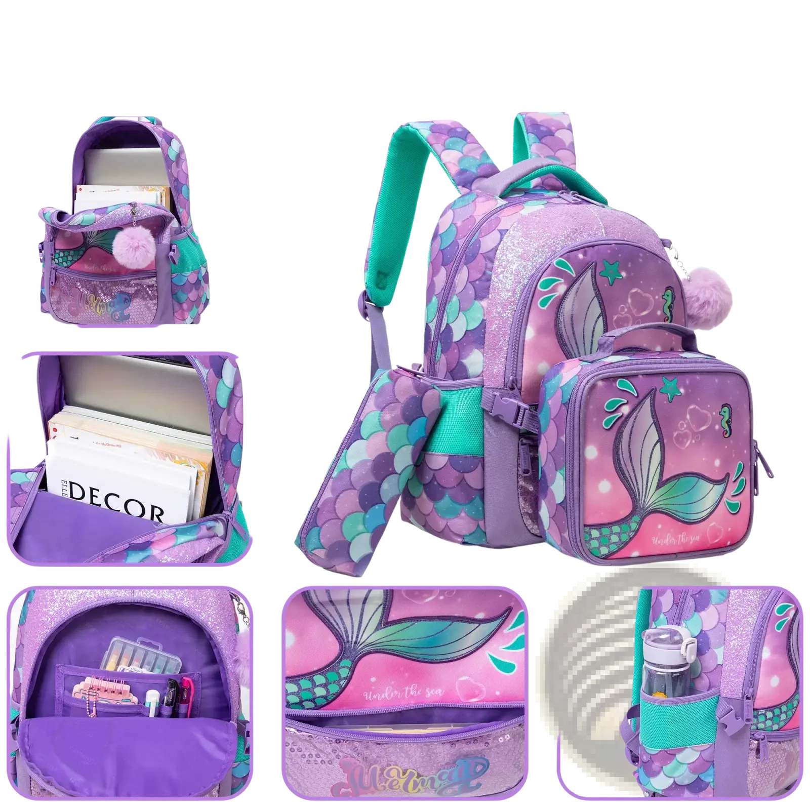 Mermaid girls school backpack set with lunch box in purple and teal mermaid scale glittery fabric with pom-pom accent