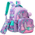 Mermaid girls school backpack set with purple and teal mermaid scale pattern glitter accents lunchbox and pencil case