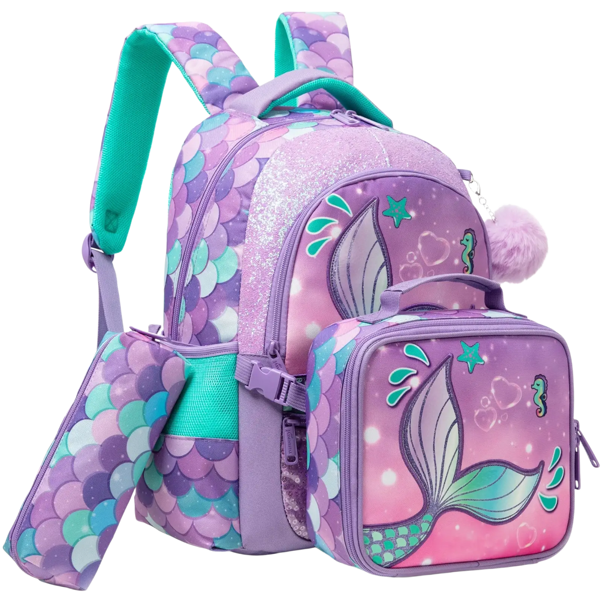 Mermaid girls school backpack set with purple and teal mermaid scale pattern glitter accents lunchbox and pencil case