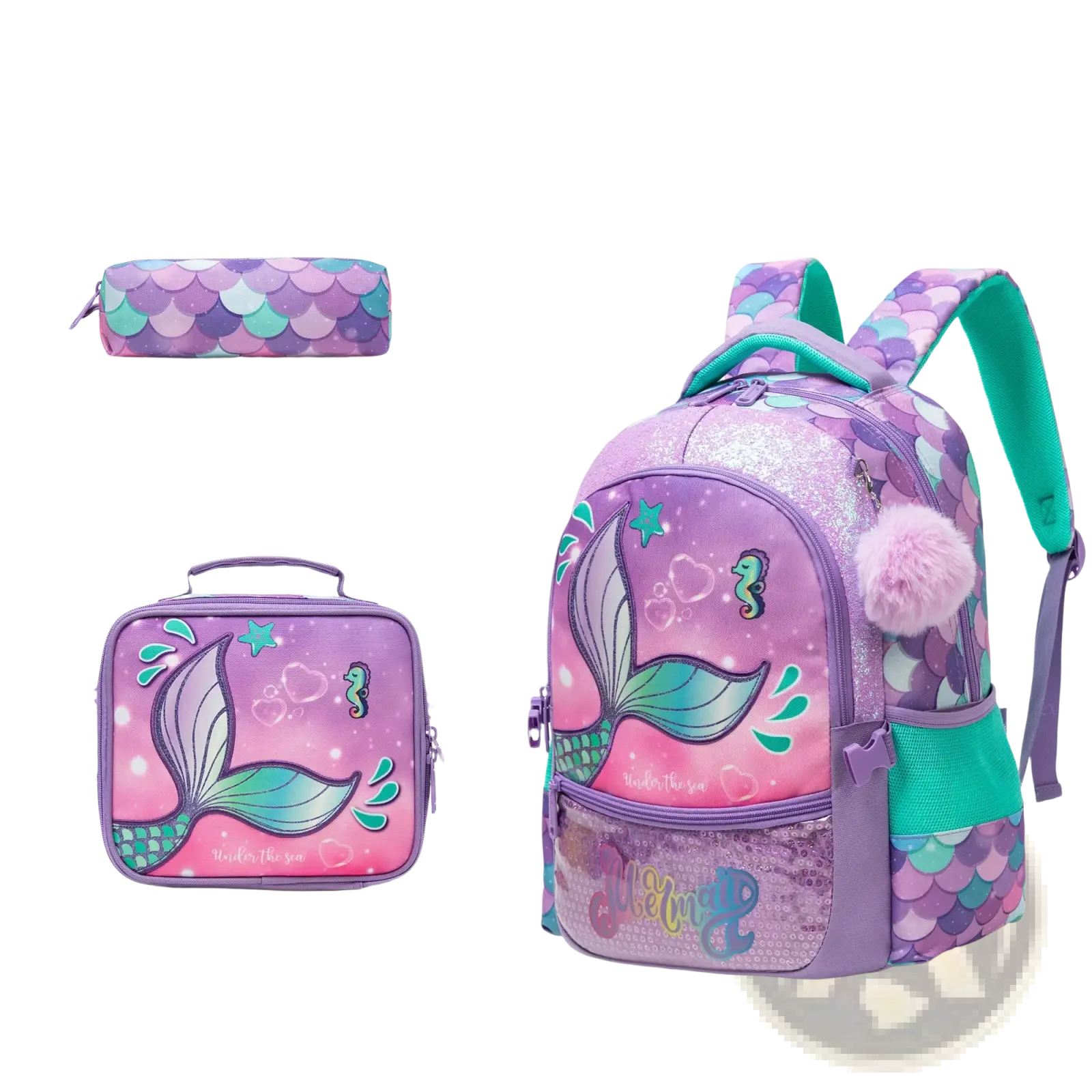 Purple and teal mermaid-scale patterned girls school backpack with fluffy pom-pom accent and matching lunch box set