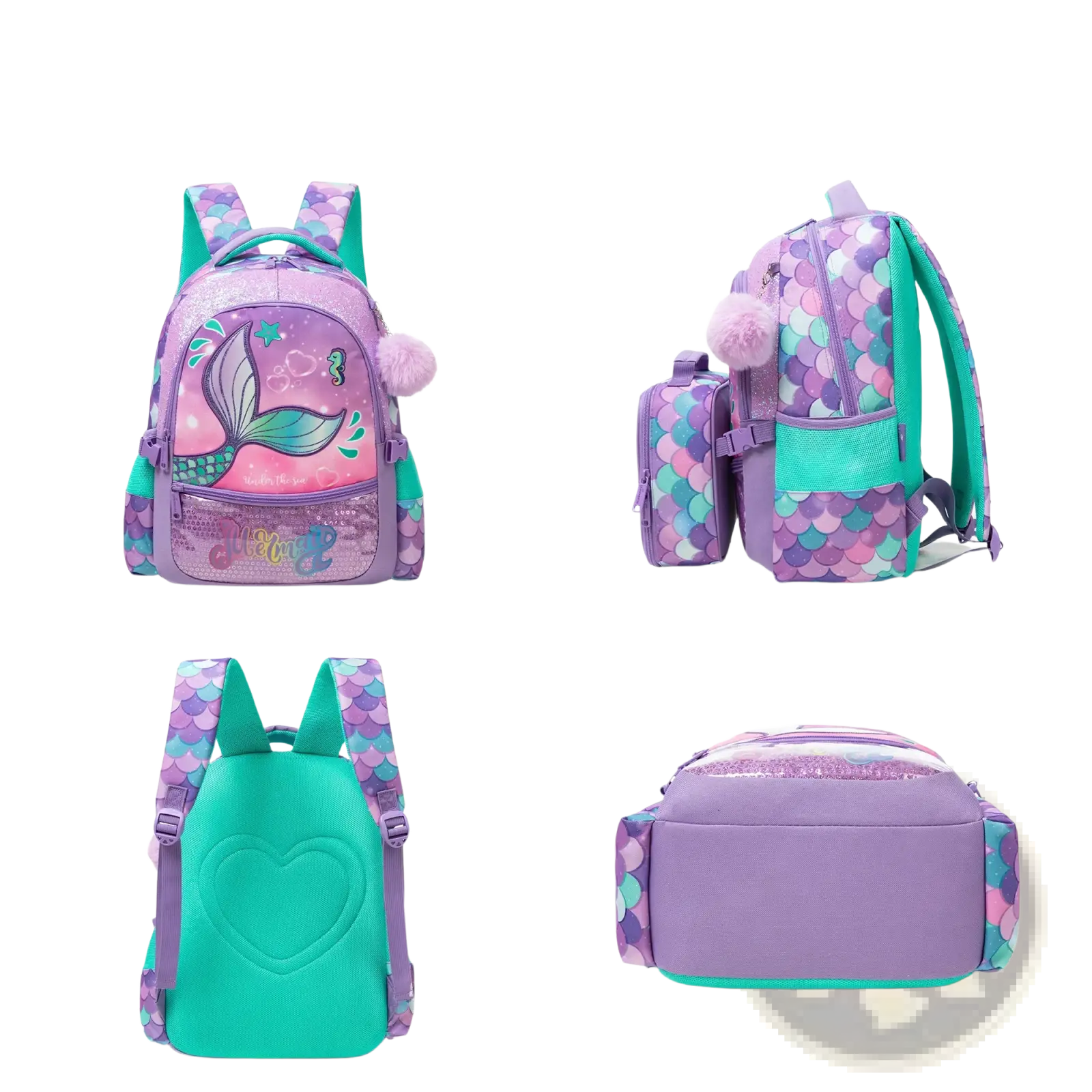 Backside view of purple and teal mermaid girls school backpack set with sequined scales heart-shaped panel and lunch box