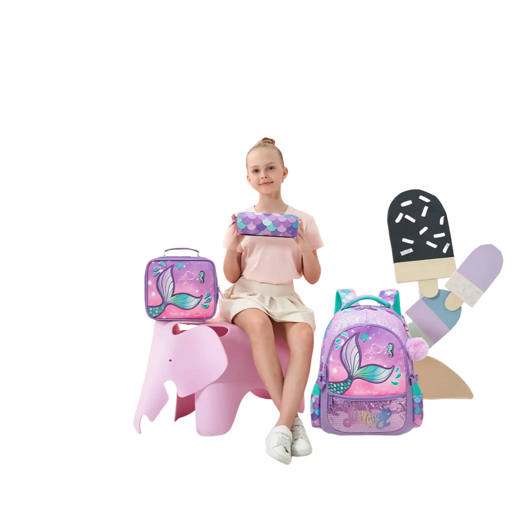 Purple mermaid girls school backpack set with glittery accents and pink sequined bottom lunch box panel