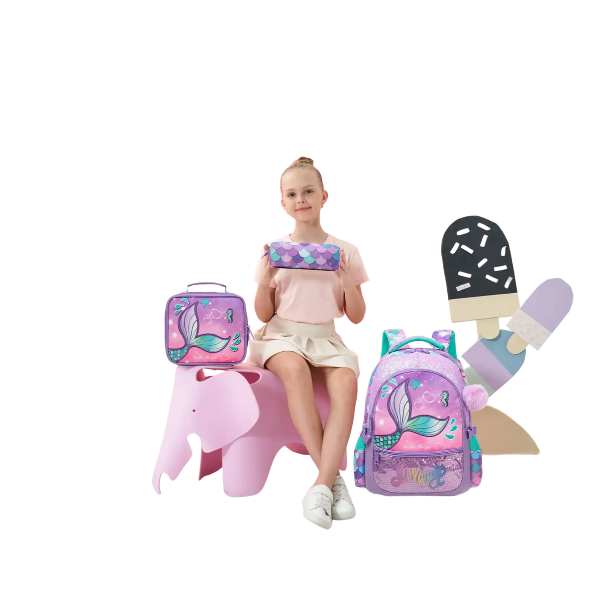 Purple mermaid girls school backpack set with glittery accents and pink sequined bottom lunch box panel
