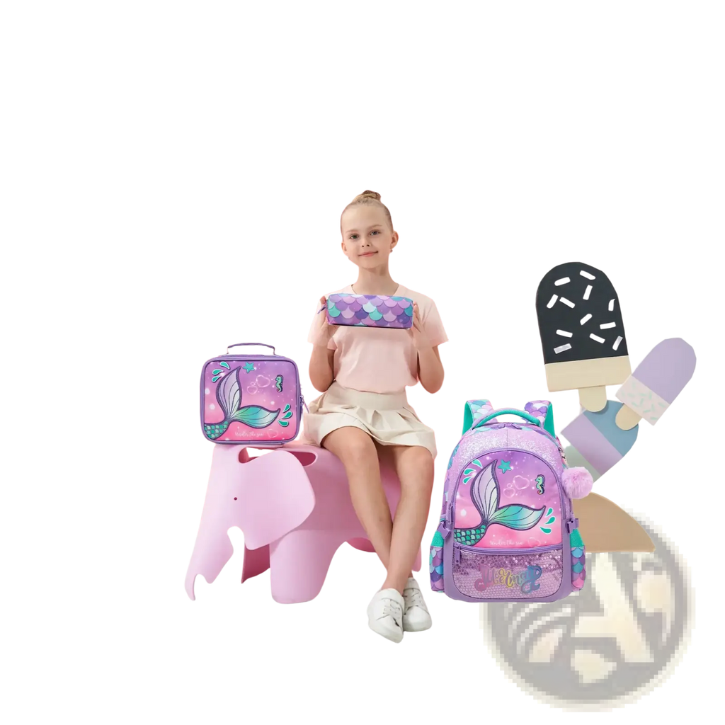 Purple mermaid girls school backpack set with glittery accents and pink sequined bottom lunch box panel