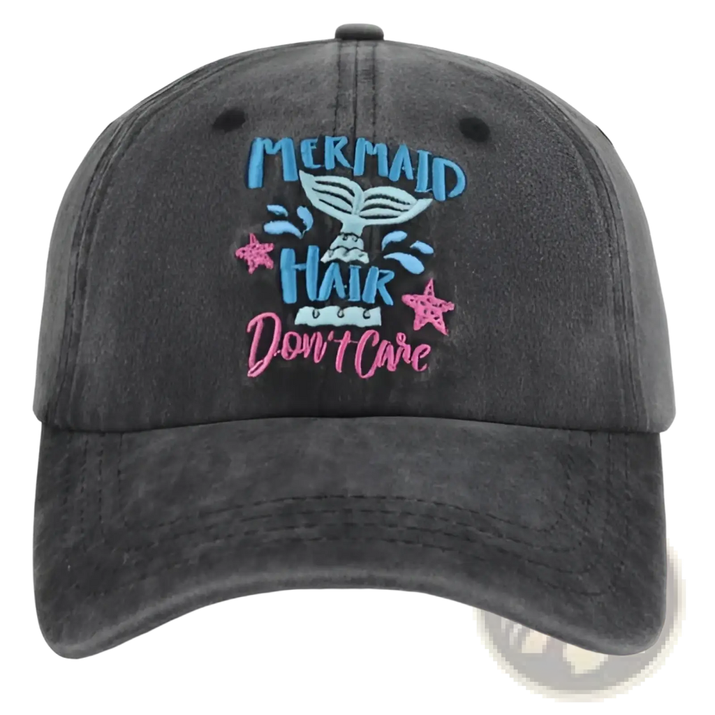 Dark gray distressed cotton baseball cap with embroidered mermaid design in blue pink lettering and star accents
