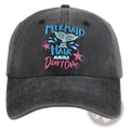Dark gray distressed cotton baseball cap with embroidered mermaid design in blue pink lettering and star accents