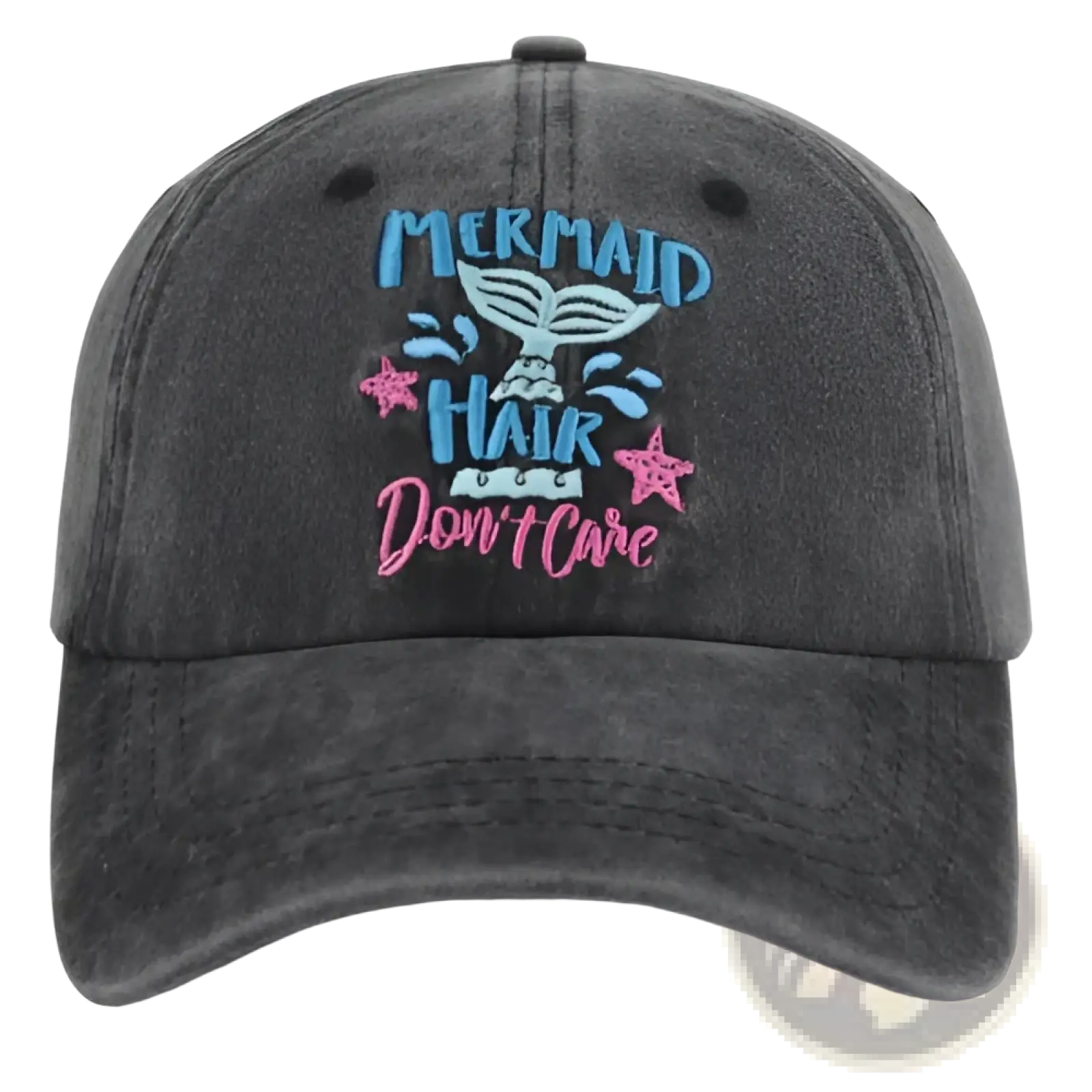 Dark gray distressed cotton baseball cap with embroidered mermaid design in blue pink lettering and star accents